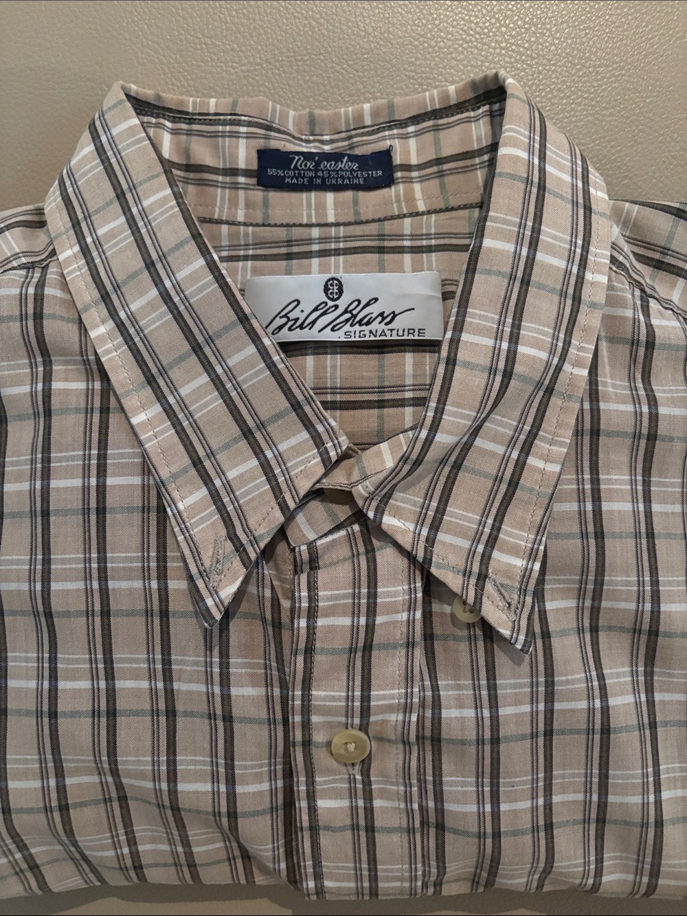 Bill Blass Nor’easter Signature Beige Plaid Button-Up T-Shirt